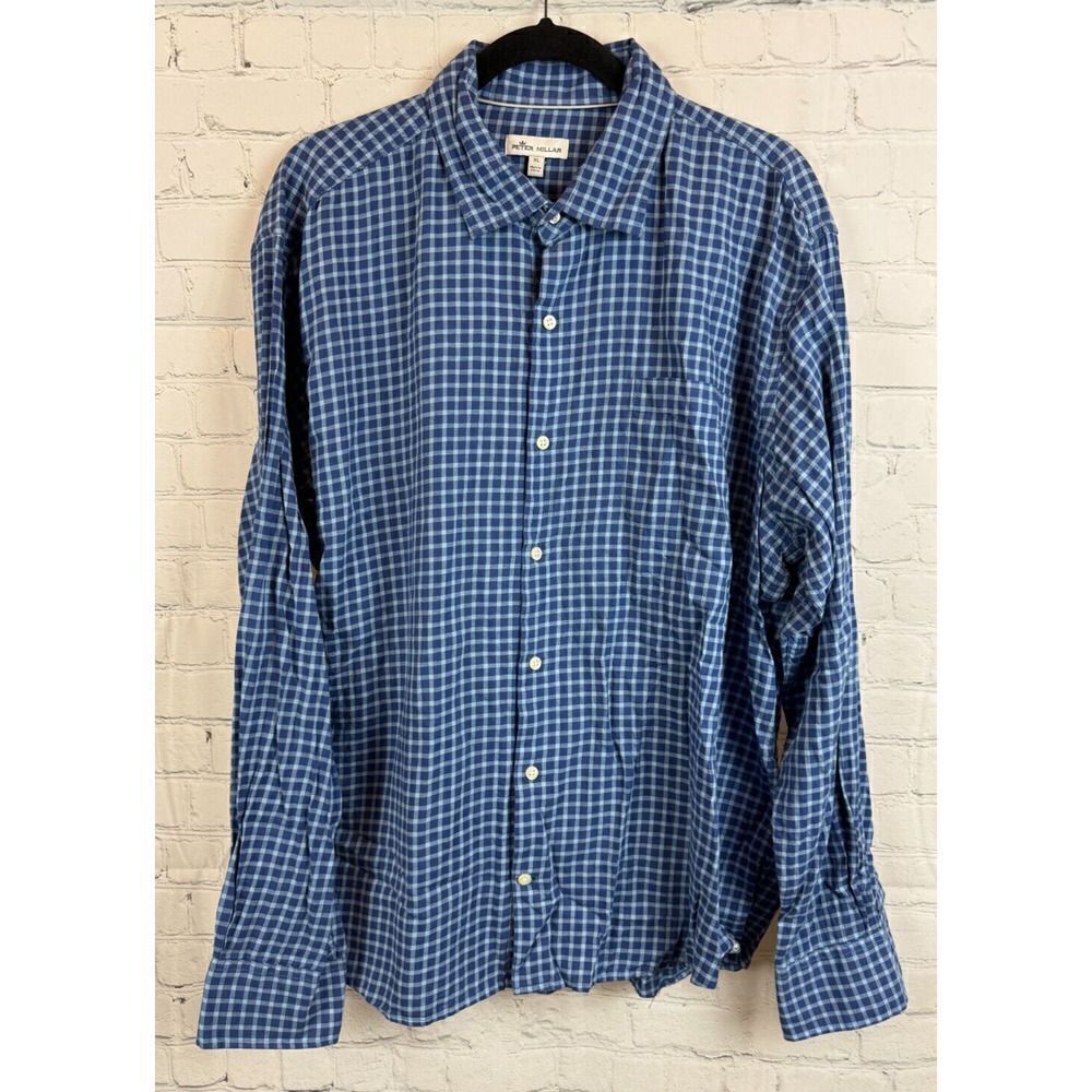 PETER MILLAR 100% cotton check blue button down dress mens shirt XL